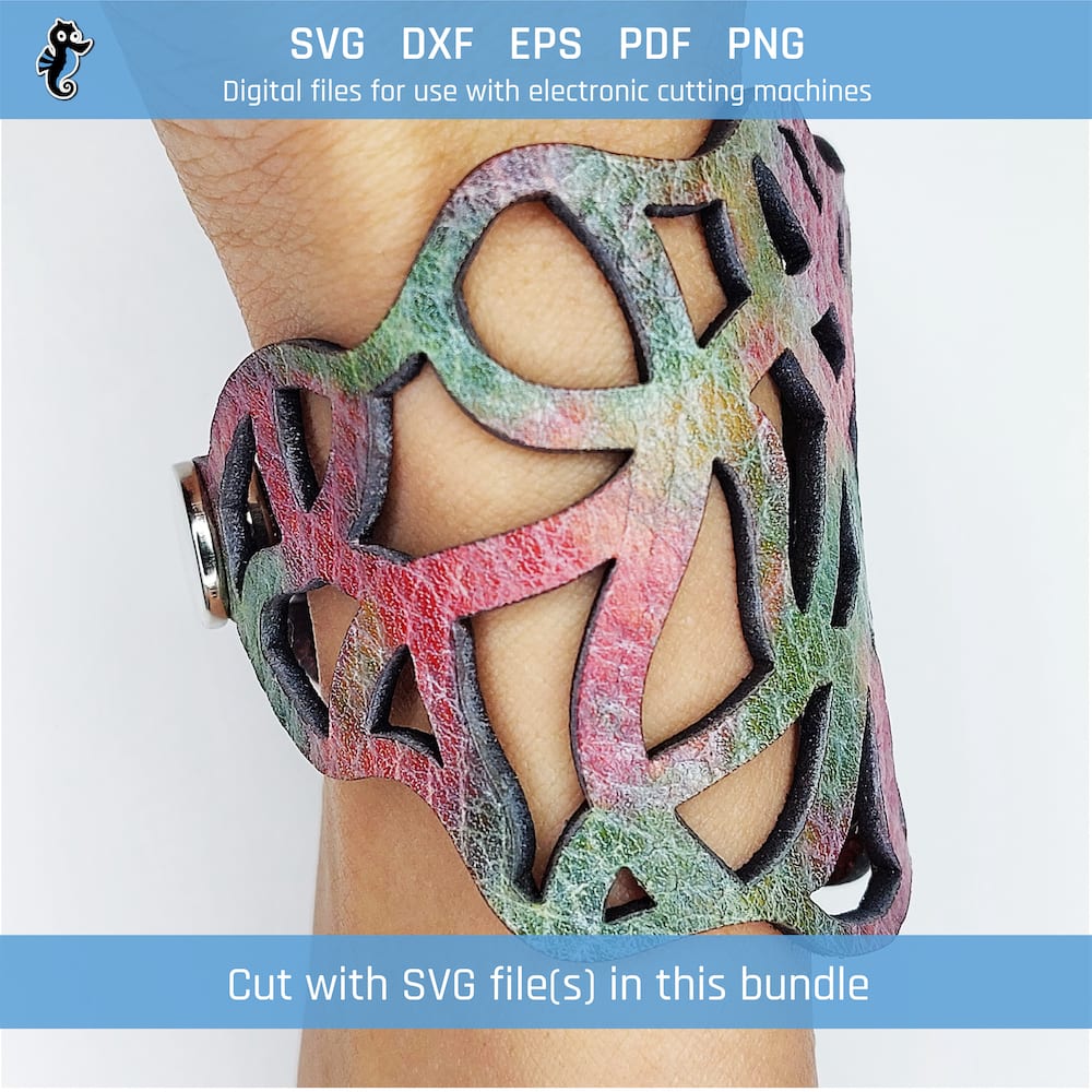 Assorted pattern bracelet bundle B21 demo 3 Example of a leather bracelet cut from an SVG design file in this bundle. The design is features a squiggly pattern.